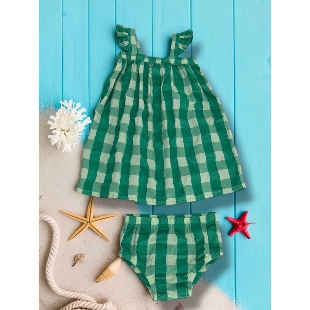 Hanna Andersson Gingham Ruffle Strap Top and Bloomers Set Green 2T